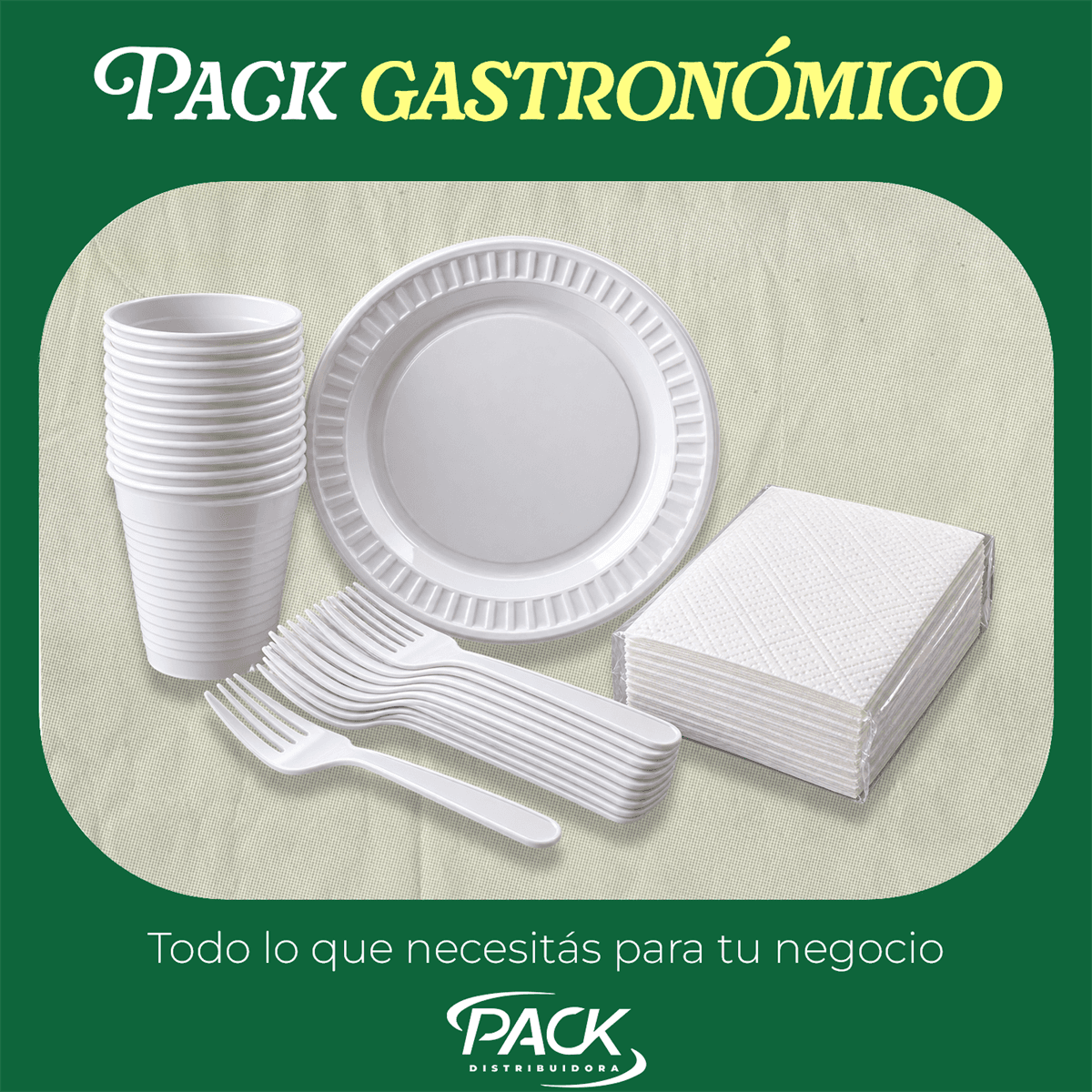Pack de productos descartables para gastronomía: vasos, platos y cubiertos
